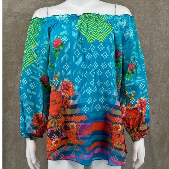 Lior Paris Top Womens Small Blue Off the Shoulder Sheer Artsy Colorful Boho - Picture 1 of 9
